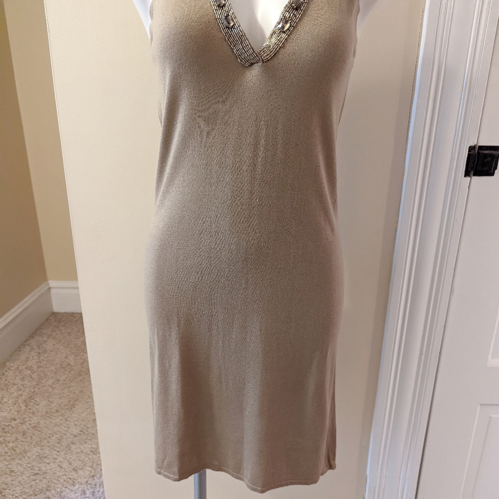 Magaschoni tan beaded neckline silk/cashmere blend tank sweater dress. - Picture 5 of 9